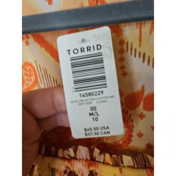 Torrid Top 00 M/L Ikat Babydoll Smocked Boho Ruffle Western Patchwork Earthy - Picture 13 of 16